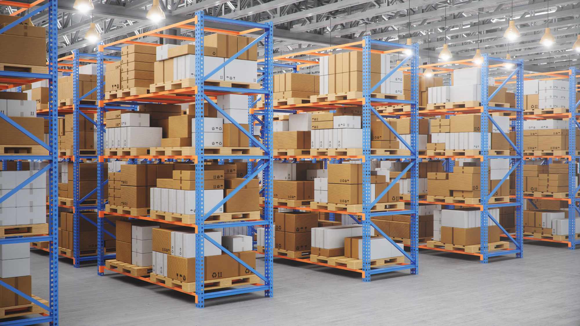 Warehouse with cardboard boxes inside on pallets racks, logistic center. Huge, large modern warehouse. Warehouse filled with cardboard boxes on shelves, boxes stand on pallets