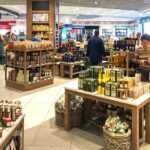 Italian products, such as olive oil, at the duty free section of an airport