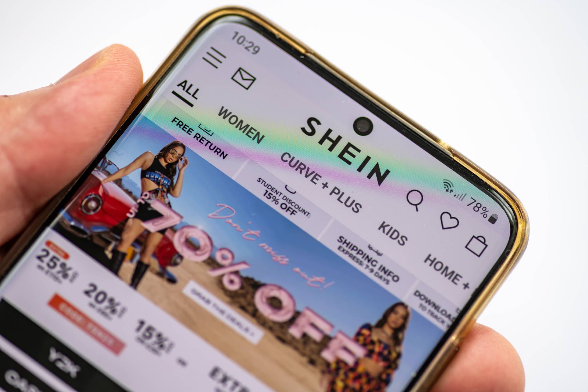 Shein website loaded on a mobile app