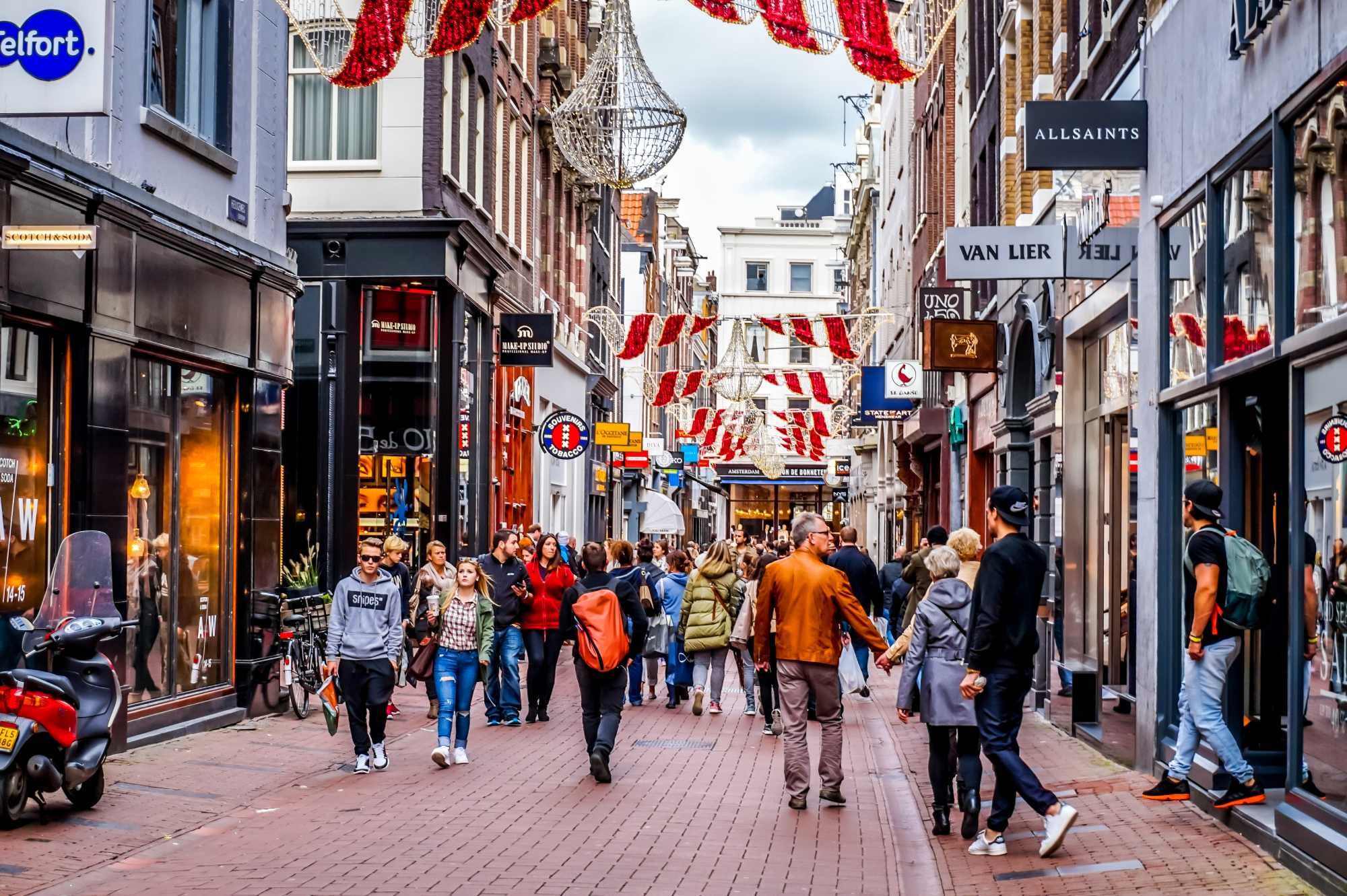 Dutch stores on a shopping street in the Netherlands