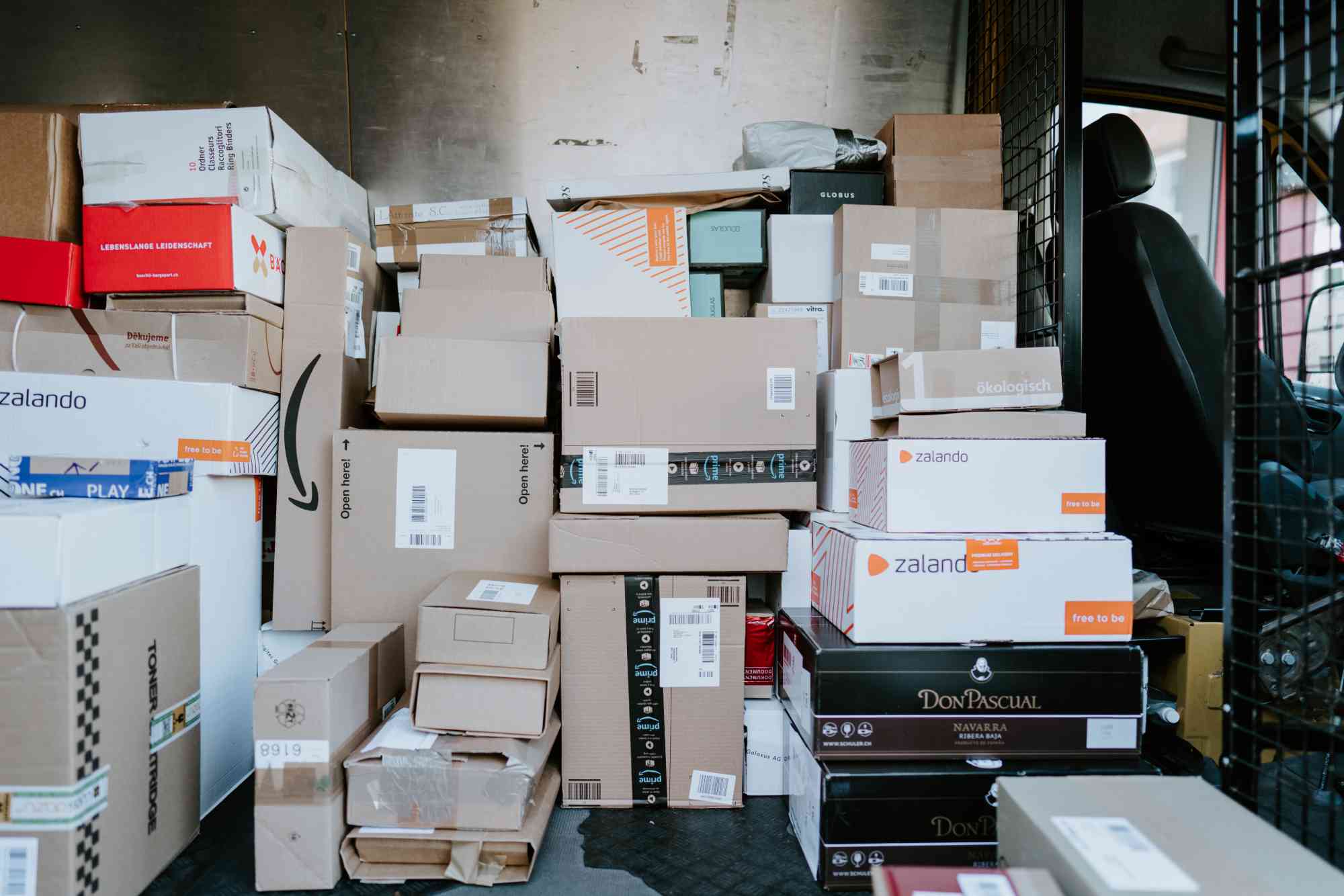 boxes in the back of a delivery van